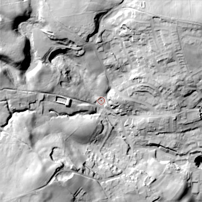 Shaded relief map of the ground around BD227SL, computed from Environment Agency LiDAR. The ground here sits at about 239 m above sea level and falls 73 m across the surrounding 800 m. Surface water reaching this point runs off ground lying to the north-west, 46.8 m higher.