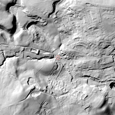 Shaded relief map of the ground around BD227SX, computed from Environment Agency LiDAR. The ground here sits at about 238 m above sea level and falls 73 m across the surrounding 800 m. Surface water reaching this point runs off ground lying to the north-west, 47.5 m higher.