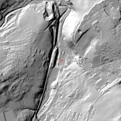 Shaded relief map of the ground around BD228FB, computed from Environment Agency LiDAR. The ground here sits at about 162 m above sea level and falls 96 m across the surrounding 800 m. Surface water reaching this point runs off ground lying to the south-east, 89.9 m higher.