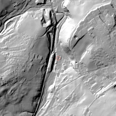 Shaded relief map of the ground around BD228FD, computed from Environment Agency LiDAR. The ground here sits at about 161 m above sea level and falls 93 m across the surrounding 800 m. Surface water reaching this point runs off ground lying to the south-east, 84.7 m higher.