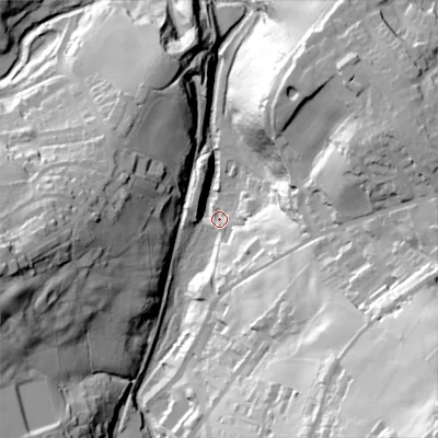 Shaded relief map of the ground around BD228FE, computed from Environment Agency LiDAR. The ground here sits at about 163 m above sea level and falls 104 m across the surrounding 800 m. Surface water reaching this point runs off ground lying to the south-east, 97.0 m higher.