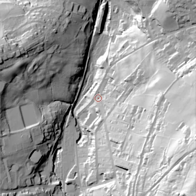 Shaded relief map of the ground around BD228NB, computed from Environment Agency LiDAR. The ground here sits at about 176 m above sea level and falls 112 m across the surrounding 800 m. Surface water reaching this point runs off ground lying to the east-south-east, 83.7 m higher.