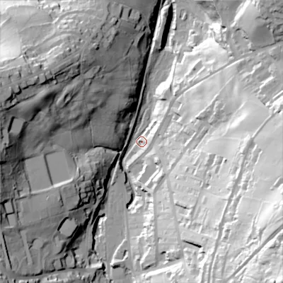 Shaded relief map of the ground around BD228NE, computed from Environment Agency LiDAR. The ground here sits at about 168 m above sea level and falls 105 m across the surrounding 800 m. Surface water reaching this point runs off ground lying to the east-south-east, 86.8 m higher.