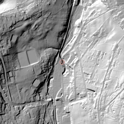 Shaded relief map of the ground around BD228NG, computed from Environment Agency LiDAR. The ground here sits at about 169 m above sea level and falls 95 m across the surrounding 800 m. Surface water reaching this point runs off ground lying to the south-east, 87.9 m higher.