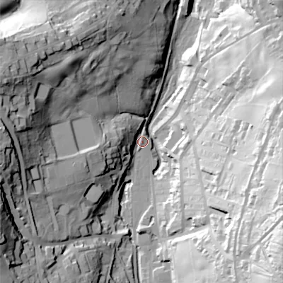 Shaded relief map of the ground around BD228NJ, computed from Environment Agency LiDAR. The ground here sits at about 172 m above sea level and falls 88 m across the surrounding 800 m. Surface water reaching this point runs off ground lying to the west-south-west, 62.4 m higher.