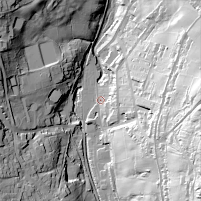 Shaded relief map of the ground around BD228NL, computed from Environment Agency LiDAR. The ground here sits at about 173 m above sea level and falls 99 m across the surrounding 800 m. Surface water reaching this point runs off ground lying to the south-east, 91.1 m higher.