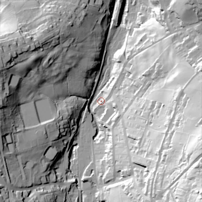 Shaded relief map of the ground around BD228NQ, computed from Environment Agency LiDAR. The ground here sits at about 169 m above sea level and falls 105 m across the surrounding 800 m. Surface water reaching this point runs off ground lying to the east-south-east, 79.5 m higher.