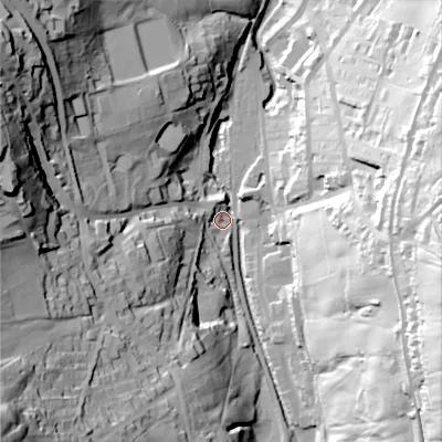 Shaded relief map of the ground around BD228PB, computed from Environment Agency LiDAR. The ground here sits at about 173 m above sea level and falls 80 m across the surrounding 800 m. Surface water reaching this point runs off ground lying to the south-west, 74.3 m higher.