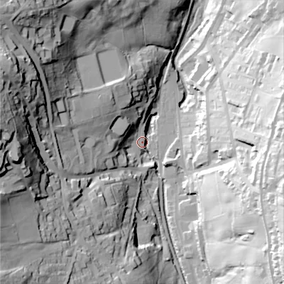 Shaded relief map of the ground around BD228QQ, computed from Environment Agency LiDAR. The ground here sits at about 176 m above sea level and falls 81 m across the surrounding 800 m. Surface water reaching this point runs off ground lying to the west, 78.2 m higher.