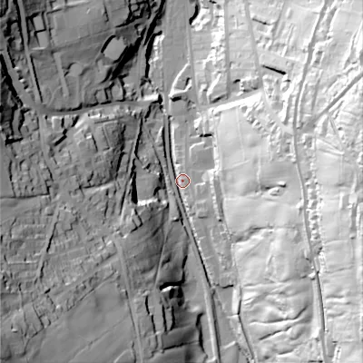 Shaded relief map of the ground around BD228SB, computed from Environment Agency LiDAR. The ground here sits at about 177 m above sea level and falls 86 m across the surrounding 800 m. Surface water reaching this point runs off ground lying to the east-south-east, 79.5 m higher.