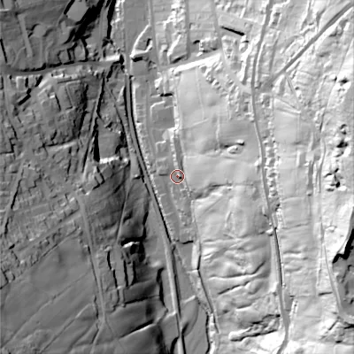Shaded relief map of the ground around BD228SD, computed from Environment Agency LiDAR. The ground here sits at about 180 m above sea level and falls 109 m across the surrounding 800 m. Surface water reaching this point runs off ground lying to the east, 44.2 m higher.