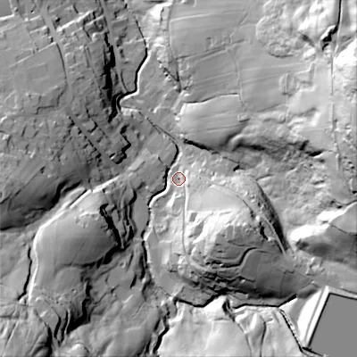 Shaded relief map of the ground around BD229HG, computed from Environment Agency LiDAR. The ground here sits at about 217 m above sea level and falls 104 m across the surrounding 800 m. Surface water reaching this point runs off ground lying to the south-west, 75.0 m higher.