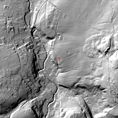 Shaded relief map of the ground around BD229HL, computed from Environment Agency LiDAR. The ground here sits at about 227 m above sea level and falls 113 m across the surrounding 800 m. Surface water reaching this point runs off ground lying to the east, 54.0 m higher.