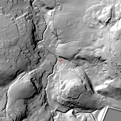 Shaded relief map of the ground around BD229HR, computed from Environment Agency LiDAR. The ground here sits at about 216 m above sea level and falls 110 m across the surrounding 800 m. Surface water reaching this point runs off ground lying to the south-west, 60.8 m higher.