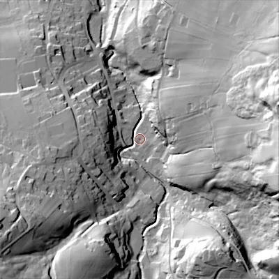 Shaded relief map of the ground around BD229HW, computed from Environment Agency LiDAR. The ground here sits at about 211 m above sea level and falls 84 m across the surrounding 800 m. Surface water reaching this point runs off ground lying to the east-north-east, 72.9 m higher.