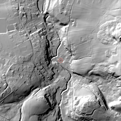 Shaded relief map of the ground around BD229JF, computed from Environment Agency LiDAR. The ground here sits at about 211 m above sea level and falls 82 m across the surrounding 800 m. Surface water reaching this point runs off ground lying to the east, 65.1 m higher.