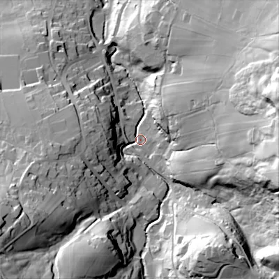 Shaded relief map of the ground around BD229JG, computed from Environment Agency LiDAR. The ground here sits at about 210 m above sea level and falls 81 m across the surrounding 800 m. Surface water reaching this point runs off ground lying to the east-north-east, 69.8 m higher.