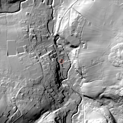 Shaded relief map of the ground around BD229JJ, computed from Environment Agency LiDAR. The ground here sits at about 209 m above sea level and falls 72 m across the surrounding 800 m. Surface water reaching this point runs off ground lying to the south-west, 23.3 m higher.