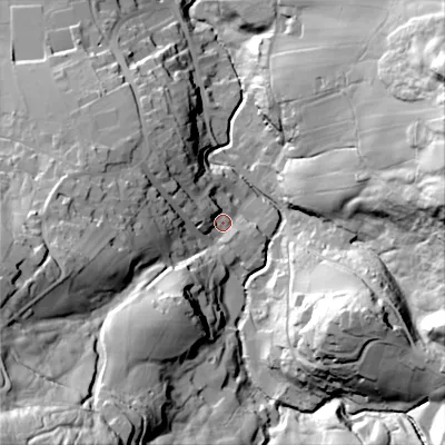 Shaded relief map of the ground around BD229JQ, computed from Environment Agency LiDAR. The ground here sits at about 216 m above sea level and falls 90 m across the surrounding 800 m. Surface water reaching this point runs off ground lying to the south-west, 76.4 m higher.