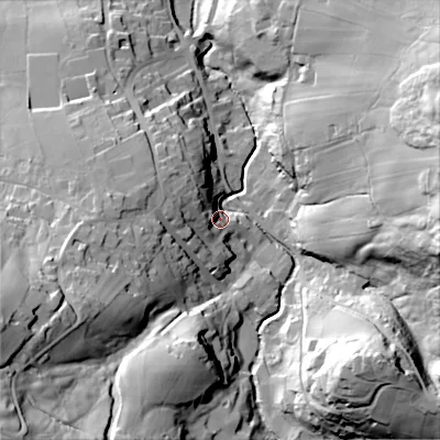 Shaded relief map of the ground around BD229JZ, computed from Environment Agency LiDAR. The ground here sits at about 219 m above sea level and falls 75 m across the surrounding 800 m. Surface water reaching this point runs off ground lying to the west-north-west, 20.7 m higher.