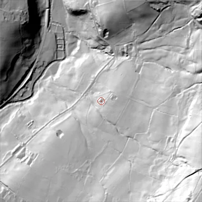Shaded relief map of the ground around BD229TD, computed from Environment Agency LiDAR. The ground here sits at about 228 m above sea level and falls 145 m across the surrounding 800 m. Surface water reaching this point runs off ground lying to the south-east, 88.6 m higher.