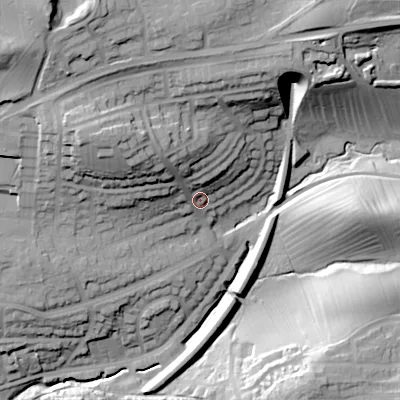 Shaded relief map of the ground around BD231BA, computed from Environment Agency LiDAR. The ground here sits at about 130 m above sea level and falls 52 m across the surrounding 800 m. Surface water reaching this point runs off ground lying to the north-west, 23.4 m higher.