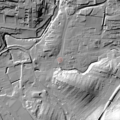 Shaded relief map of the ground around BD231DA, computed from Environment Agency LiDAR. The ground here sits at about 107 m above sea level and falls 41 m across the surrounding 800 m. Surface water reaching this point runs off ground lying to the east-north-east, 2.4 m higher.