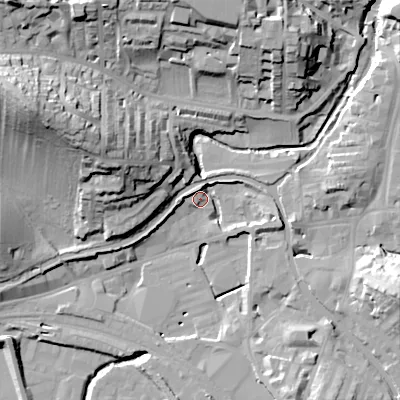 Shaded relief map of the ground around BD231DF, computed from Environment Agency LiDAR. The ground here sits at about 103 m above sea level and falls 39 m across the surrounding 800 m. Surface water reaching this point runs off ground lying to the west-north-west, 37.7 m higher.