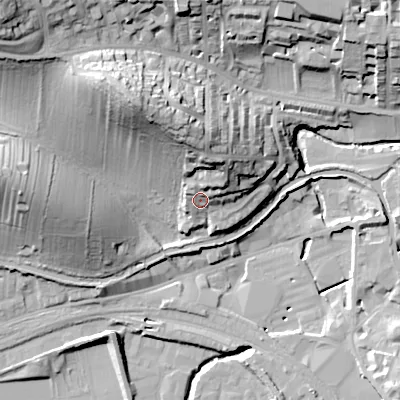 Shaded relief map of the ground around BD231DQ, computed from Environment Agency LiDAR. The ground here sits at about 113 m above sea level and falls 44 m across the surrounding 800 m. Surface water reaching this point runs off ground lying to the north, 17.0 m higher.