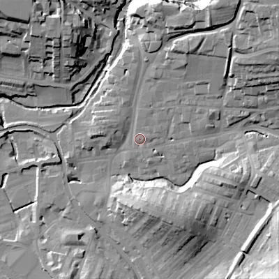 Shaded relief map of the ground around BD231DS, computed from Environment Agency LiDAR. The ground here sits at about 109 m above sea level and falls 36 m across the surrounding 800 m. Surface water reaching this point runs off ground lying to the north-east, 27.3 m higher.