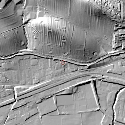 Shaded relief map of the ground around BD231EN, computed from Environment Agency LiDAR. The ground here sits at about 102 m above sea level and falls 42 m across the surrounding 800 m. Surface water reaching this point runs off ground lying to the north, 20.2 m higher.