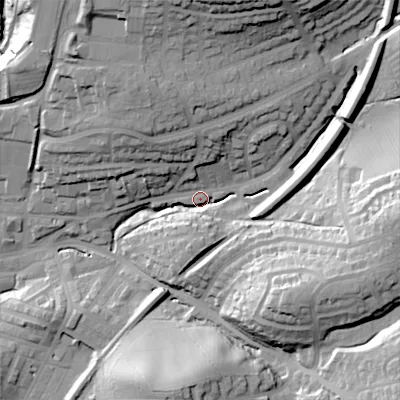 Shaded relief map of the ground around BD231ES, computed from Environment Agency LiDAR. The ground here sits at about 116 m above sea level and falls 44 m across the surrounding 800 m. Surface water reaching this point runs off ground lying to the east, 36.1 m higher.
