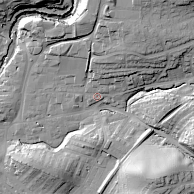 Shaded relief map of the ground around BD231ET, computed from Environment Agency LiDAR. The ground here sits at about 111 m above sea level and falls 42 m across the surrounding 800 m. Surface water reaching this point runs off ground lying to the north-east, 20.0 m higher.