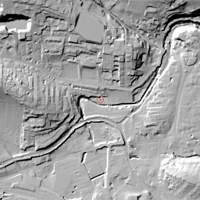 Shaded relief map of the ground around BD231EU, computed from Environment Agency LiDAR. The ground here sits at about 104 m above sea level and falls 43 m across the surrounding 800 m. Surface water reaching this point runs off ground lying to the north-north-west, 39.8 m higher.