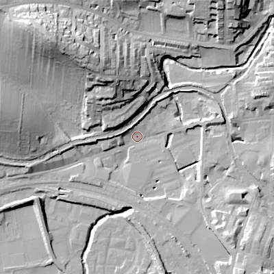 Shaded relief map of the ground around BD231FL, computed from Environment Agency LiDAR. The ground here sits at about 101 m above sea level and falls 39 m across the surrounding 800 m. Surface water reaching this point runs off ground lying to the north-north-west, 25.0 m higher.