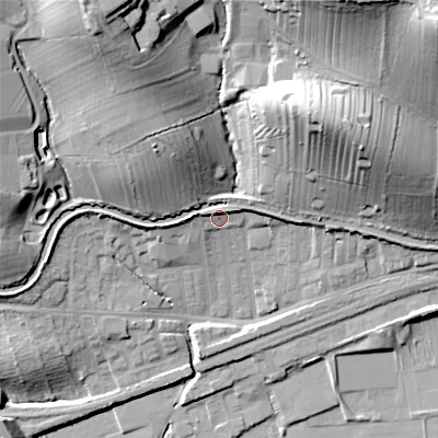 Shaded relief map of the ground around BD231FQ, computed from Environment Agency LiDAR. The ground here sits at about 103 m above sea level and falls 38 m across the surrounding 800 m. Surface water reaching this point runs off ground lying to the north-east, 18.3 m higher.