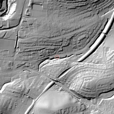 Shaded relief map of the ground around BD231HA, computed from Environment Agency LiDAR. The ground here sits at about 116 m above sea level and falls 42 m across the surrounding 800 m. Surface water reaching this point runs off ground lying to the east-south-east, 35.1 m higher.