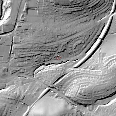 Shaded relief map of the ground around BD231HB, computed from Environment Agency LiDAR. The ground here sits at about 117 m above sea level and falls 44 m across the surrounding 800 m. Surface water reaching this point runs off ground lying to the north-north-east, 12.8 m higher.