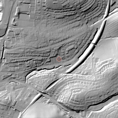 Shaded relief map of the ground around BD231HE, computed from Environment Agency LiDAR. The ground here sits at about 119 m above sea level and falls 46 m across the surrounding 800 m. Surface water reaching this point runs off ground lying to the north, 12.1 m higher.