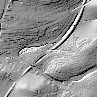 Shaded relief map of the ground around BD231HF, computed from Environment Agency LiDAR. The ground here sits at about 119 m above sea level and falls 47 m across the surrounding 800 m. Surface water reaching this point runs off ground lying to the east, 31.1 m higher.