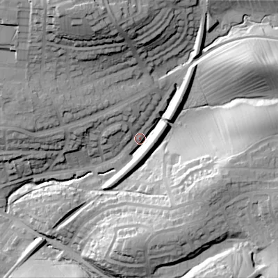 Shaded relief map of the ground around BD231HG, computed from Environment Agency LiDAR. The ground here sits at about 121 m above sea level and falls 46 m across the surrounding 800 m. Surface water reaching this point runs off ground lying to the north-north-west, 38.6 m higher.