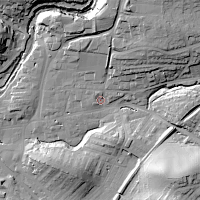 Shaded relief map of the ground around BD231HU, computed from Environment Agency LiDAR. The ground here sits at about 109 m above sea level and falls 43 m across the surrounding 800 m. Surface water reaching this point runs off ground lying to the north-north-east, 26.6 m higher.