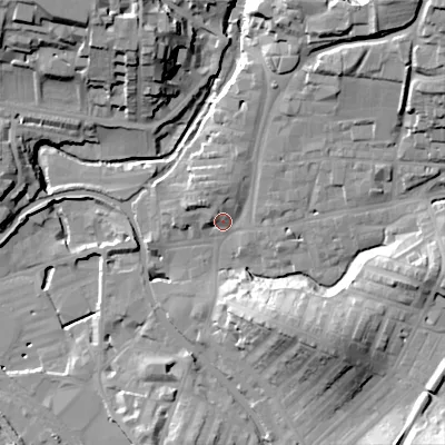 Shaded relief map of the ground around BD231HY, computed from Environment Agency LiDAR. The ground here sits at about 107 m above sea level and falls 35 m across the surrounding 800 m. Surface water reaching this point runs off ground lying to the north-east, 27.6 m higher.