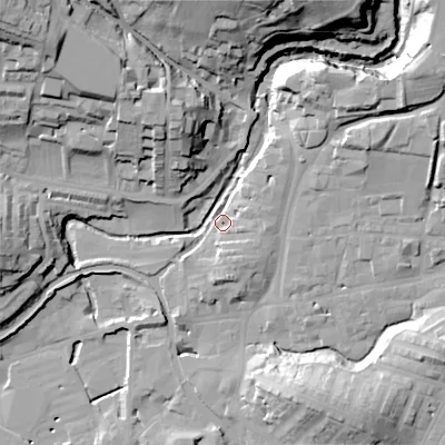 Shaded relief map of the ground around BD231LB, computed from Environment Agency LiDAR. The ground here sits at about 106 m above sea level and falls 40 m across the surrounding 800 m. Surface water reaching this point runs off ground lying to the north-east, 9.1 m higher.