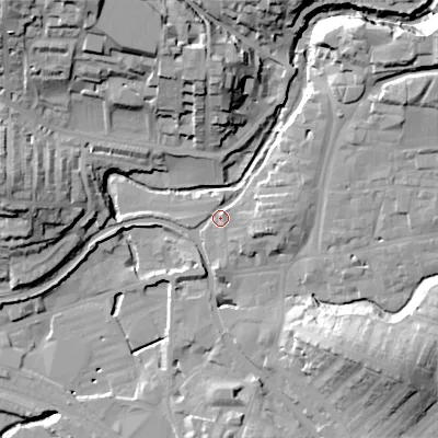 Shaded relief map of the ground around BD231LH, computed from Environment Agency LiDAR. The ground here sits at about 106 m above sea level and falls 36 m across the surrounding 800 m. Surface water reaching this point runs off ground lying to the east, 6.4 m higher.