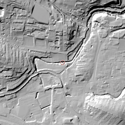 Shaded relief map of the ground around BD231LQ, computed from Environment Agency LiDAR. The ground here sits at about 102 m above sea level and falls 41 m across the surrounding 800 m. Surface water reaching this point runs off ground lying to the north-west, 35.2 m higher.