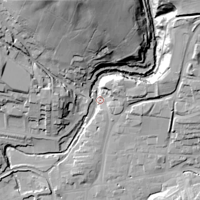 Shaded relief map of the ground around BD231NJ, computed from Environment Agency LiDAR. The ground here sits at about 108 m above sea level and falls 70 m across the surrounding 800 m. Surface water reaching this point runs off ground lying to the north-north-west, 64.1 m higher.