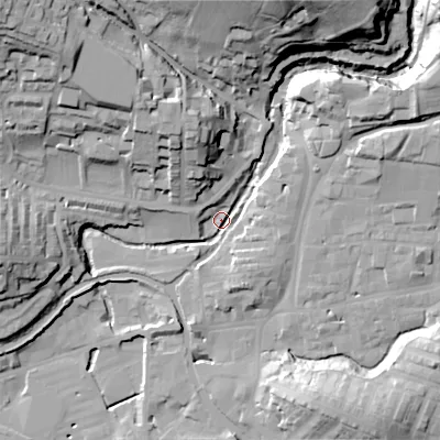Shaded relief map of the ground around BD231NY, computed from Environment Agency LiDAR. The ground here sits at about 105 m above sea level and falls 43 m across the surrounding 800 m. Surface water reaching this point runs off ground lying to the north-north-east, 37.4 m higher.