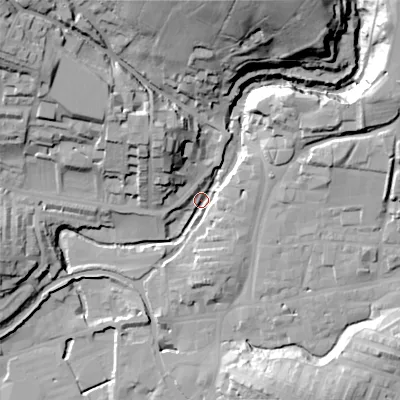 Shaded relief map of the ground around BD231PH, computed from Environment Agency LiDAR. The ground here sits at about 105 m above sea level and falls 48 m across the surrounding 800 m. Surface water reaching this point runs off ground lying to the north, 44.3 m higher.