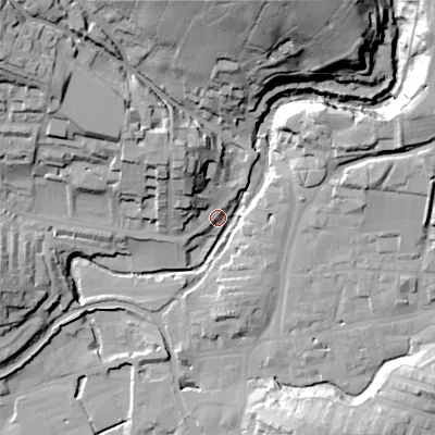 Shaded relief map of the ground around BD231PQ, computed from Environment Agency LiDAR. The ground here sits at about 108 m above sea level and falls 51 m across the surrounding 800 m. Surface water reaching this point runs off ground lying to the north-west, 16.8 m higher.